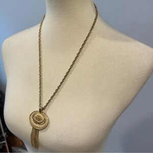 Vintage 1970s Oval with Tassel Pendant Yellow Gold Tone Necklace by AVON